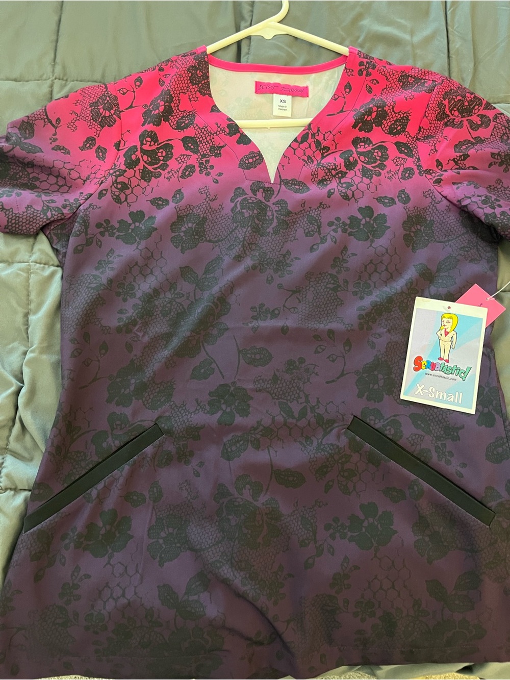 koi Women's Pink and Purple Floral V-Neck Scrub Top - Picture 5 of 6